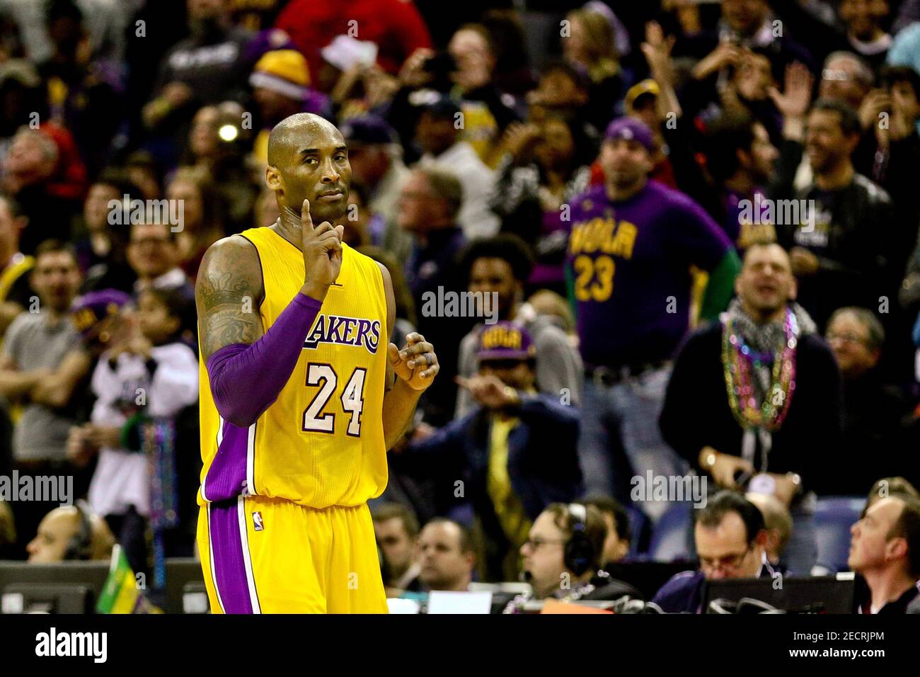 Feb 4, 2016; New Orleans, LA, USA; Los Angeles Lakers forward Kobe Bryant (24) gestures after scoring against the New Orleans Pelicans during the fourth quarter of a game at the Smoothie King Center. The Lakers defeated the Pelicans 99-96. Mandatory Credit: Derick E. Hingle-USA TODAY Sports  / Reuters  Picture Supplied by Action Images   (TAGS: Sport Basketball NBA) *** Local Caption *** 2016-02-05T054135Z 877812455 NOCID RTRMADP 3 NBA-LOS-ANGELES-LAKERS-AT-NEW-ORLEANS-PELICANS.JPG Stock Photo