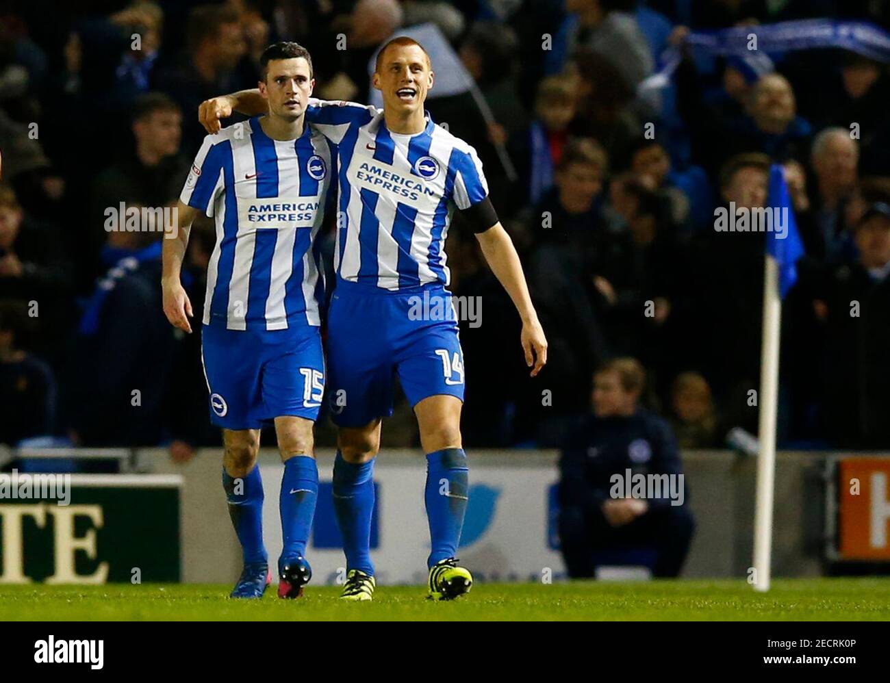 Britain Football Soccer - Brighton & Hove Albion v Reading - Sky Bet Championship - The American Express Community Stadium - 25/2/17 Jamie Murphy celebrates scoring the second goal for Brighton with Steve Sidwell (R) Mandatory Credit: Action Images / Peter Cziborra Livepic EDITORIAL USE ONLY. No use with unauthorized audio, video, data, fixture lists, club/league logos or 'live' services. Online in-match use limited to 45 images, no video emulation. No use in betting, games or single club/league/player publications. Please contact your account representative for further details. Stock Photo