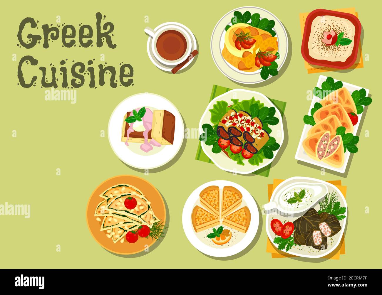 Greek cuisine lunch dishes icon with meat stew, garlic bread, stuffed grape leaf, tzatziki sauce, fish roe salad, eggplant roll, almond cake, beef and Stock Vector