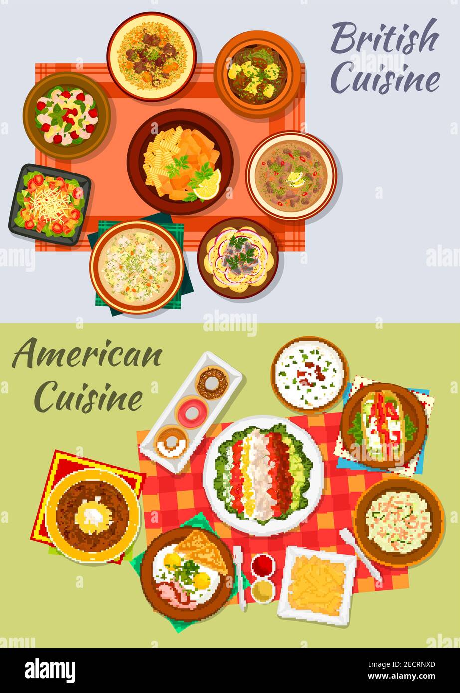 American and british cuisine dishes icon with fast food hot dog, fries, fish and chips, donut, fried egg with bacon, vegetable salads, irish stew, kid Stock Vector