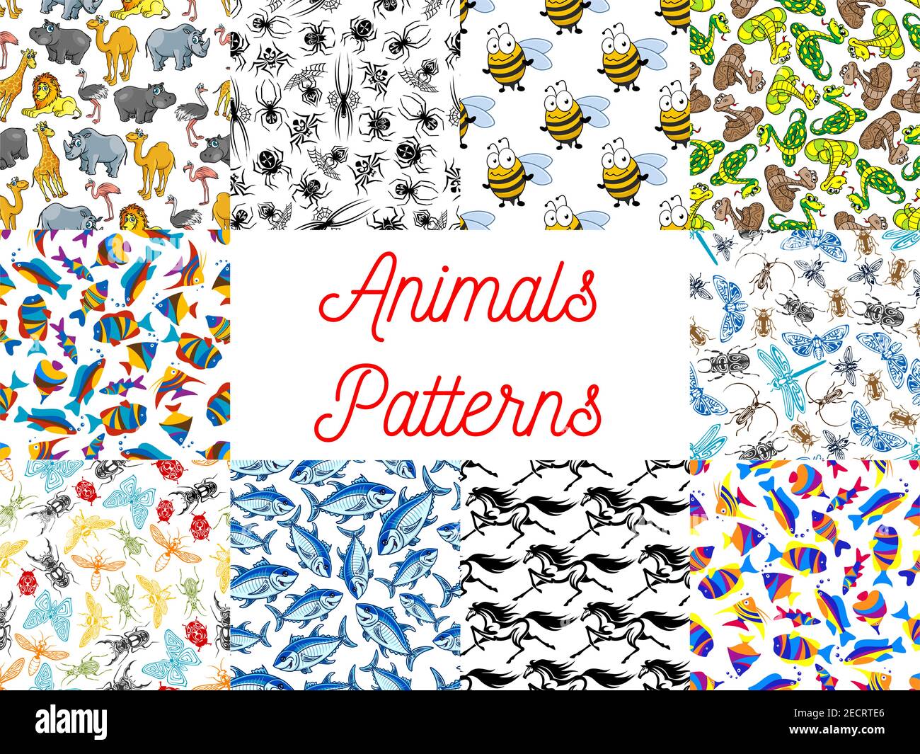 Animals seamless backgrounds set. Wallpapers with pattern of zoo camel, lion, flamingo, rhinoceros, hippopotamus, giraffe, ostrich. Insects fly, drago Stock Vector
