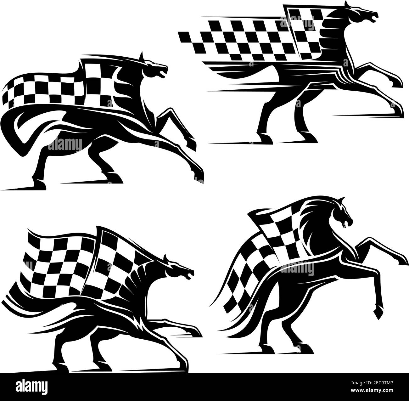 Horse with checkered flag. Horse racing emblem. Car races vector icons for sport club, bookmaker signboard, team shield, badge, label Stock Vector