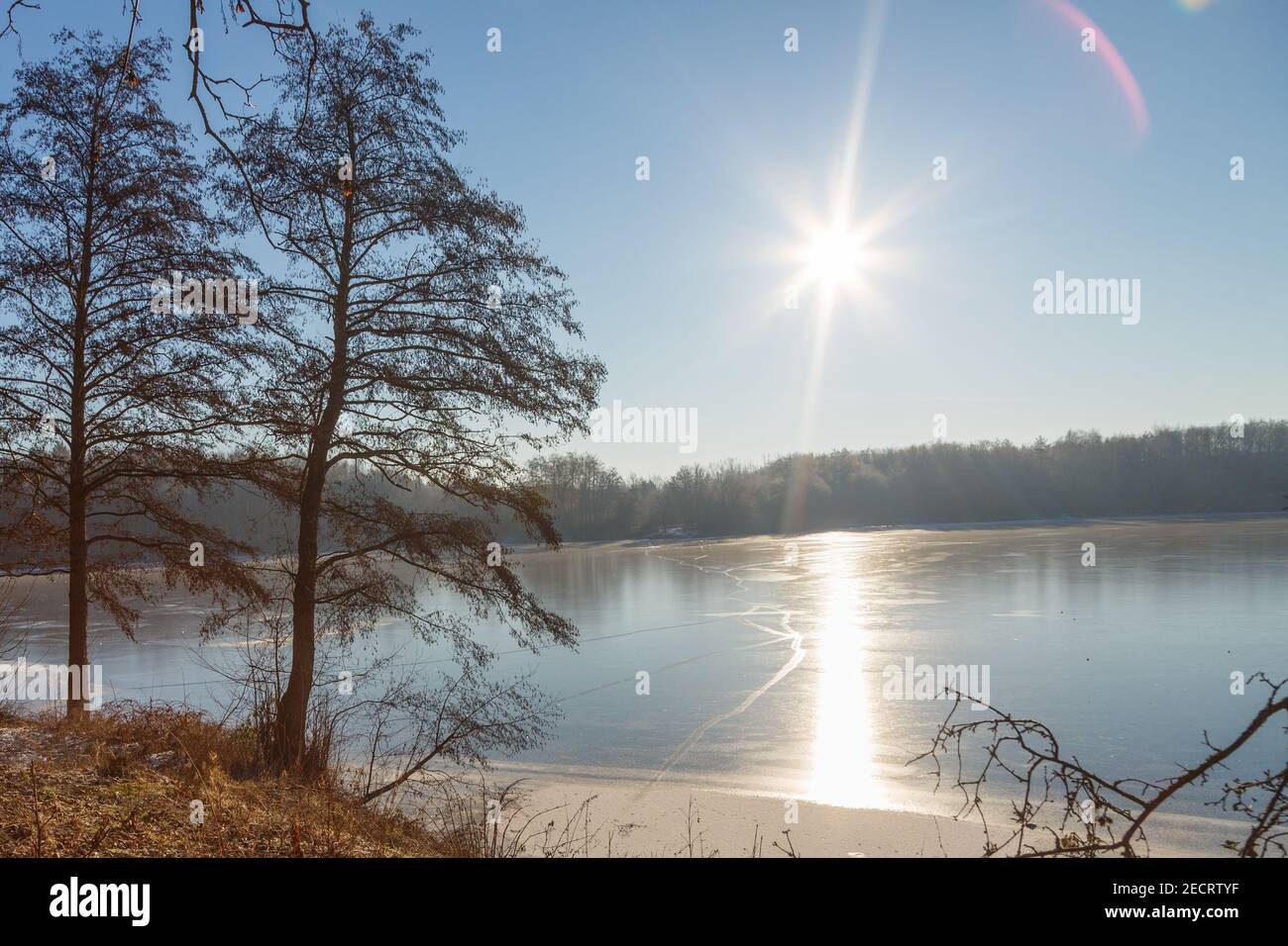 Aufgehende Sonne im Gegenlicht an der zugefrorenen Grube Fernie in Großen-Linden bei Gießen, Hessen, Deutschland im Februar 2021 Stock Photo