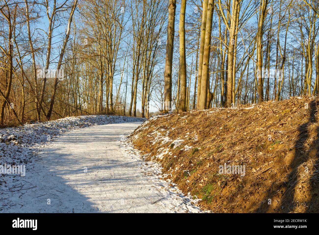 verschneiter Weg an der Grube Fernie bei Sonnenaufgang in Großen-Linden im Winter 2021 Stock Photo