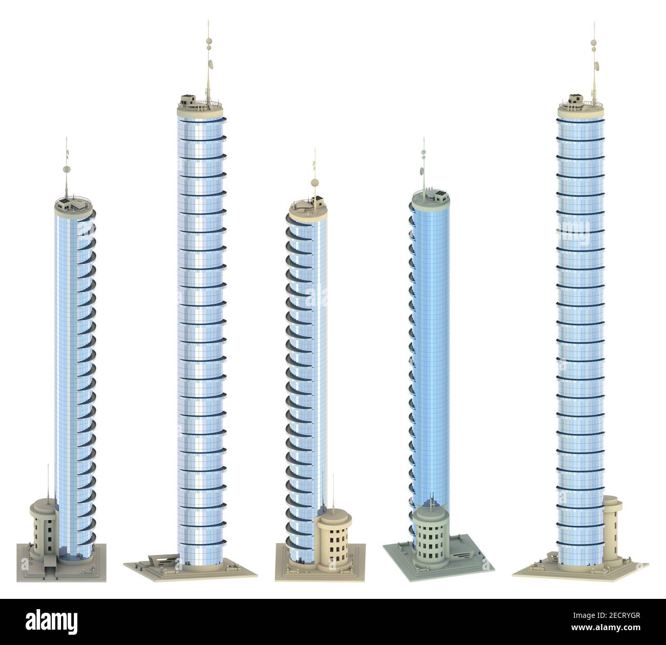 5 renders of fictional design tall buildings with balconies with cloudy sky reflection - isolated, different sides view 3d illustration of architectur Stock Photo