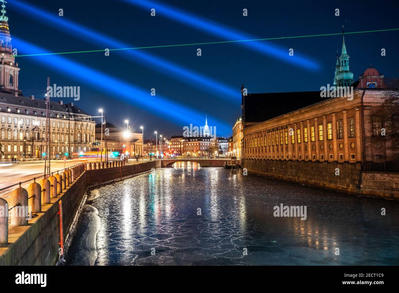 Copenhagen lights festival at night with frozen canal in Frederiksholms