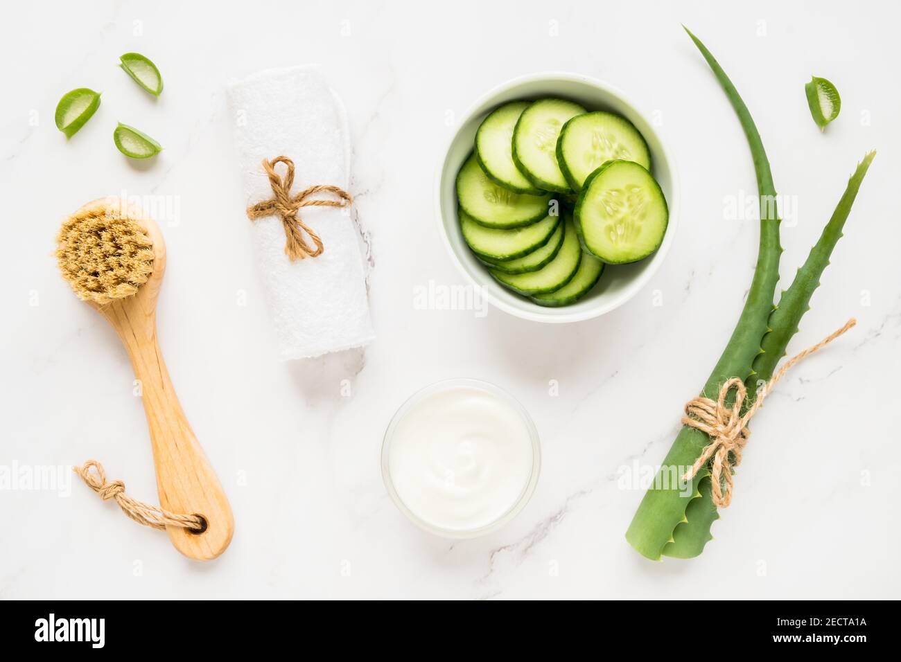 Homemade skin care concept. Green natural ingredients aloe vera, yogurt, cucumber for making a cosmetic mask and brush with towel on a light backgroun Stock Photo