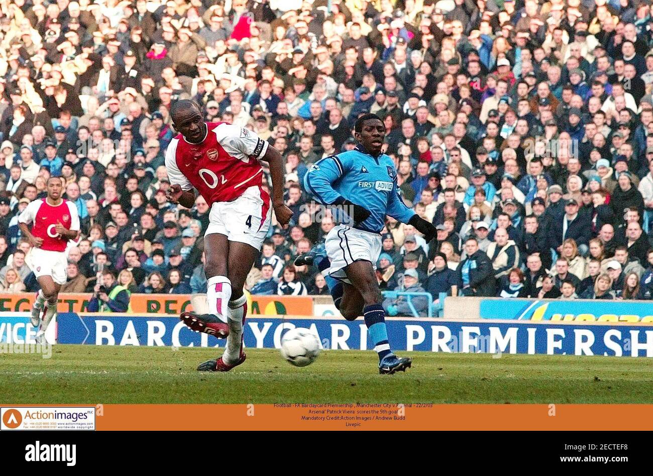 Football - FA Barclaycard Premiership , Manchester City v Arsenal - 22/2/03  Arsenal' Patrick Vieira  scores the 5th goal  Mandatory Credit:Action Images / Andrew Budd  Livepic Stock Photo