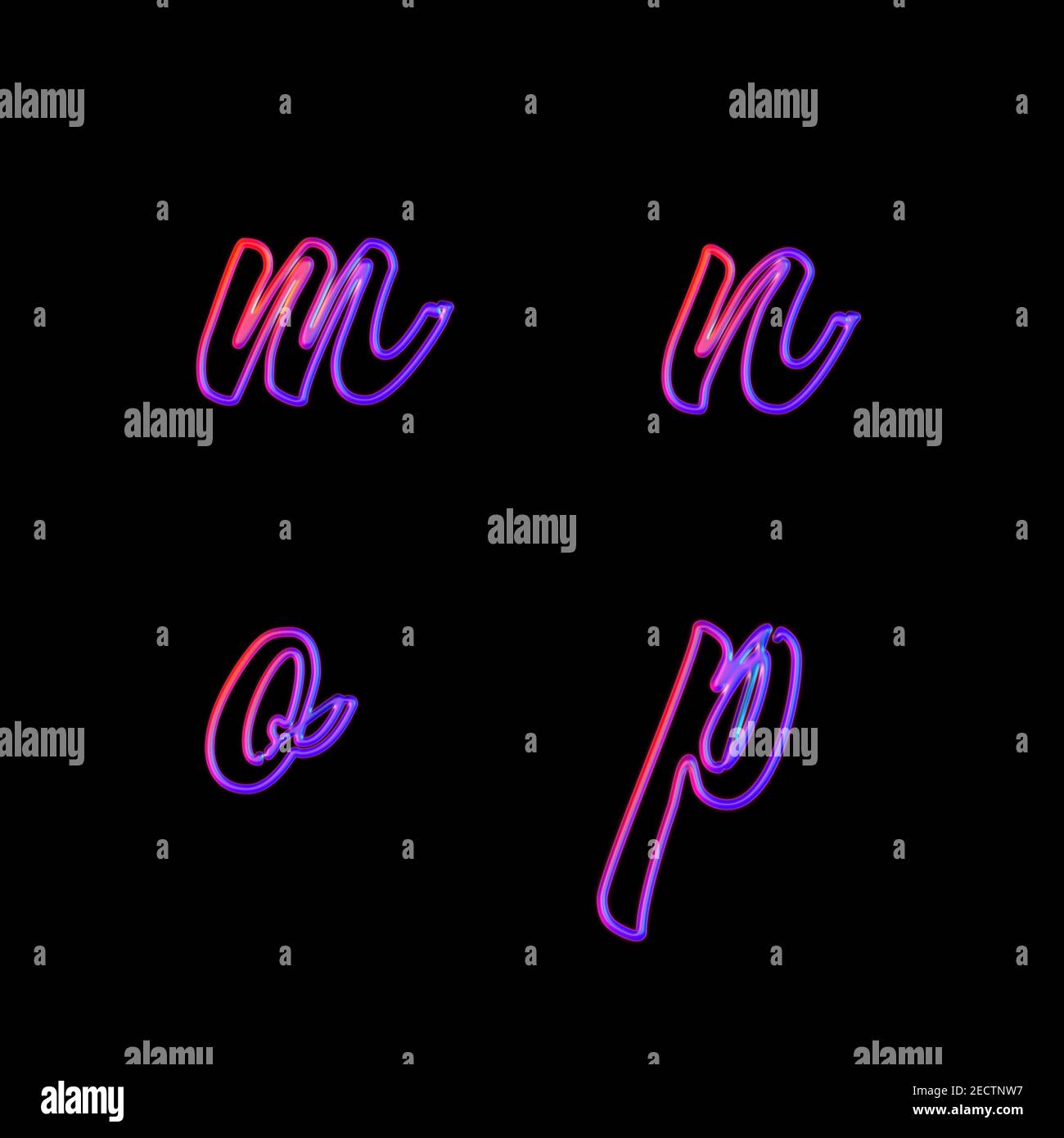 3D rendering of glowing neon small letters - letters m-p Stock Photo