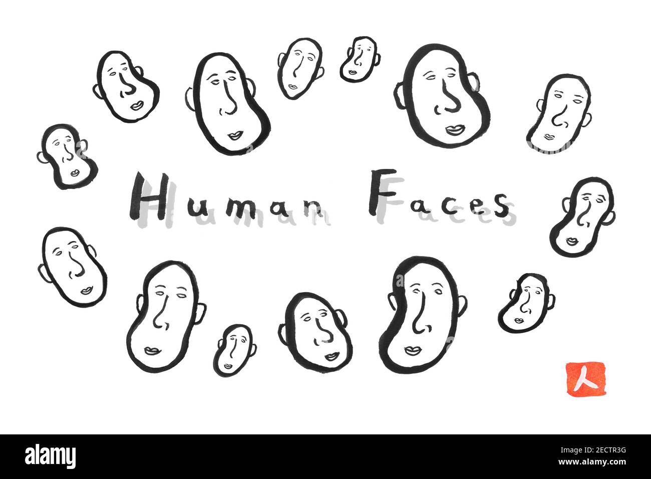 human face icon set, natural black ink line art, illustration, fine art