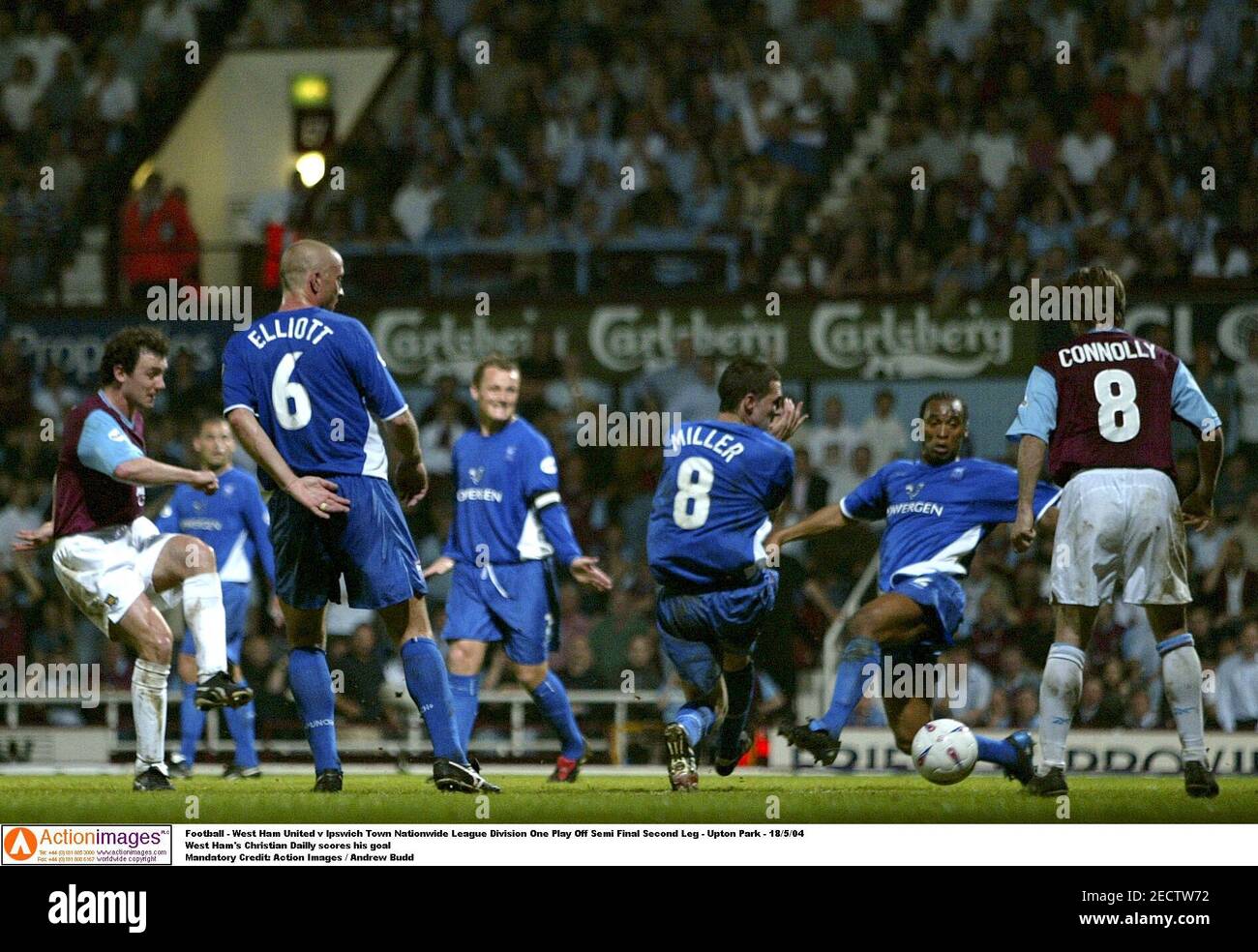 Football - West Ham United v Ipswich Town Nationwide League Division One Play Off Semi Final Second Leg - Upton Park - 18/5/04  West Ham's Christian Dailly scores his goal  Mandatory Credit: Action Images / Andrew Budd Stock Photo