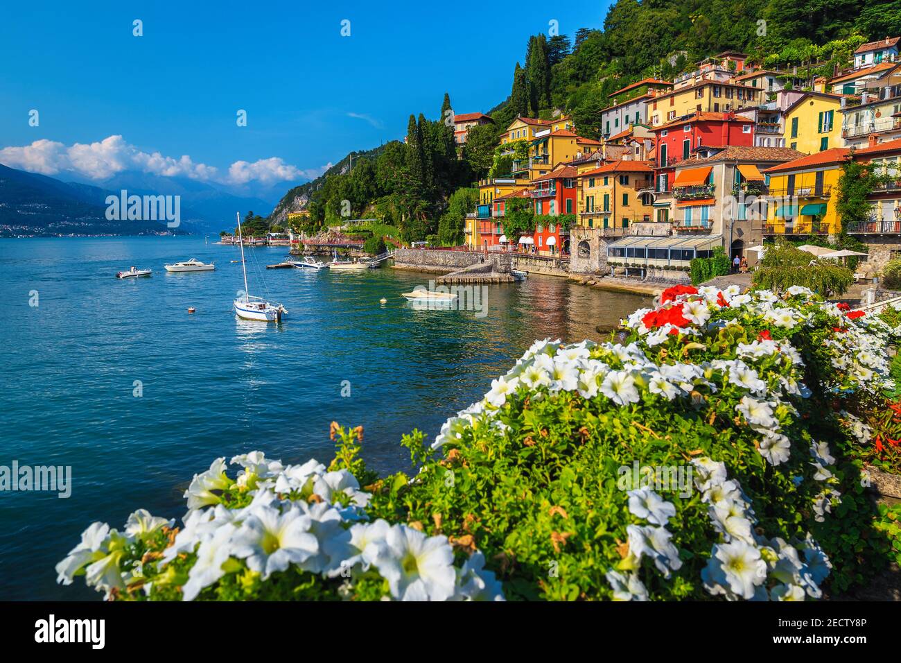 Flowery fence and colorful mediterranean buildings on the waterfront. Anchored boats in the harbor of Varenna, lake Como, Lombardy, Italy, Europe Stock Photo