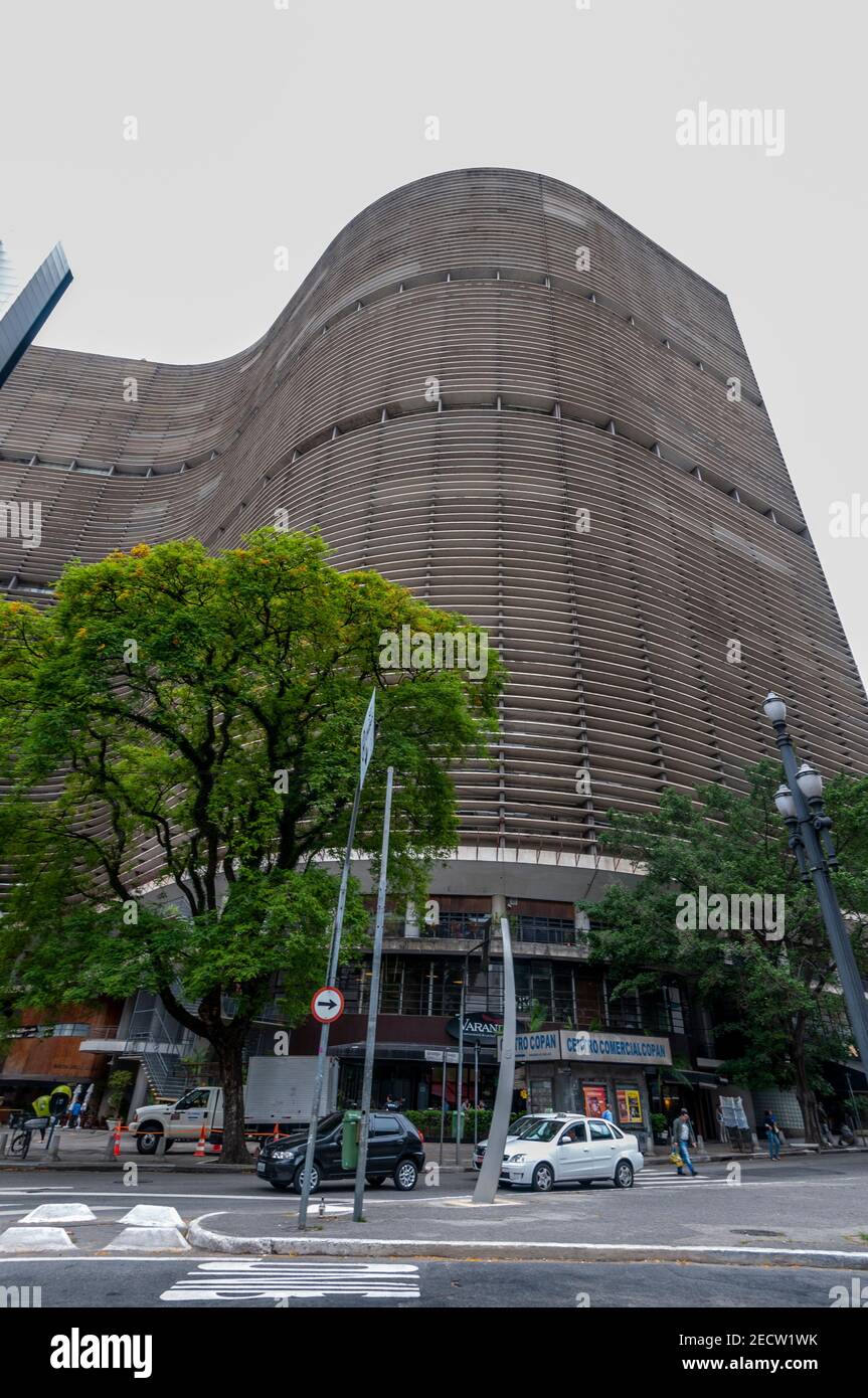 The Edificio Copan (Copan building) is a curved-shaped 38-storey building in Sao Paulo, Brazil.   It is one of the largest building in Brazil and was Stock Photo