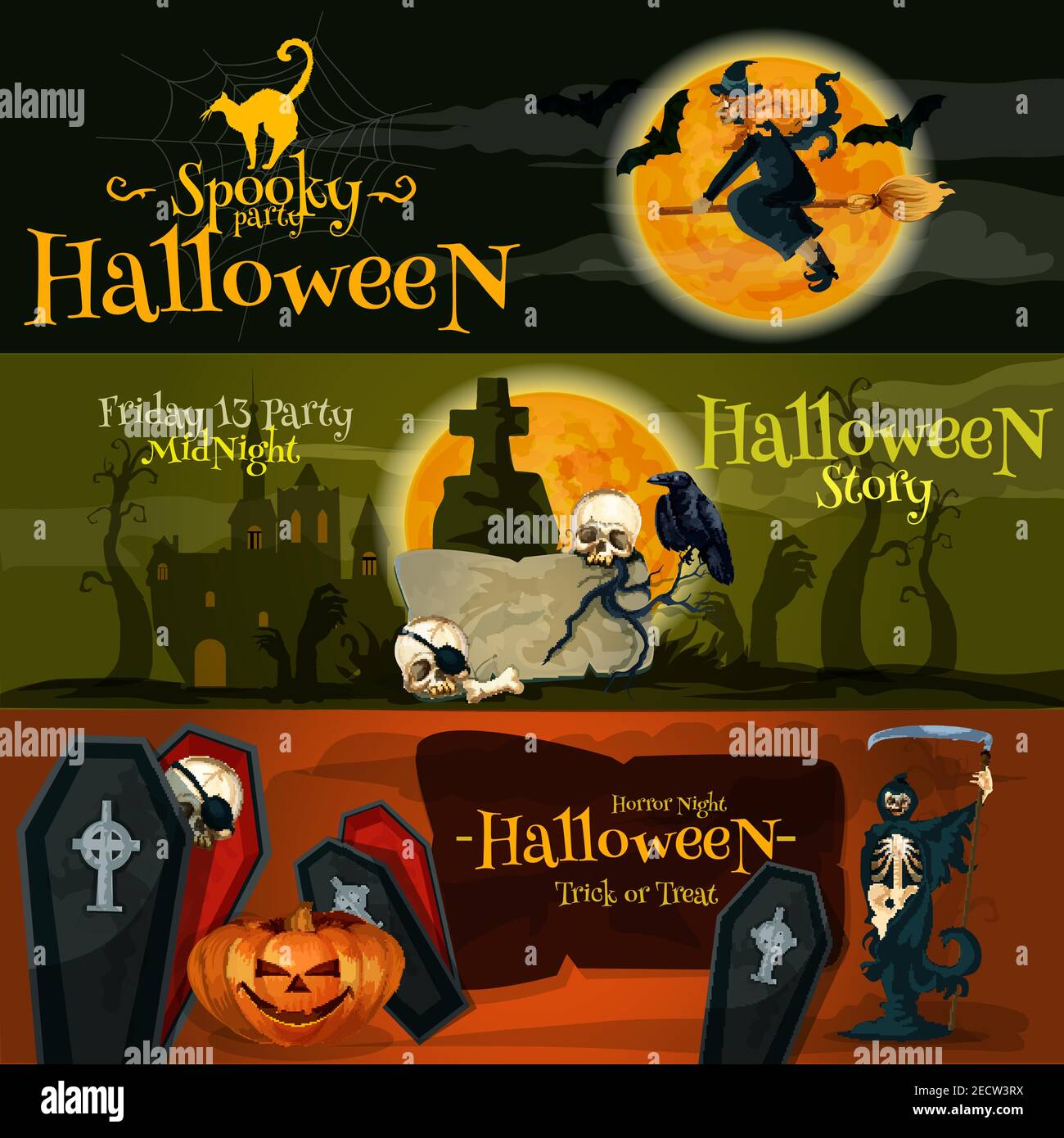 Halloween vector cartoon banner with text and characters. Spooky Halloween Party, Friday 13 midnight story, Horror Night, Trick or Treat lettering pos Stock Vector