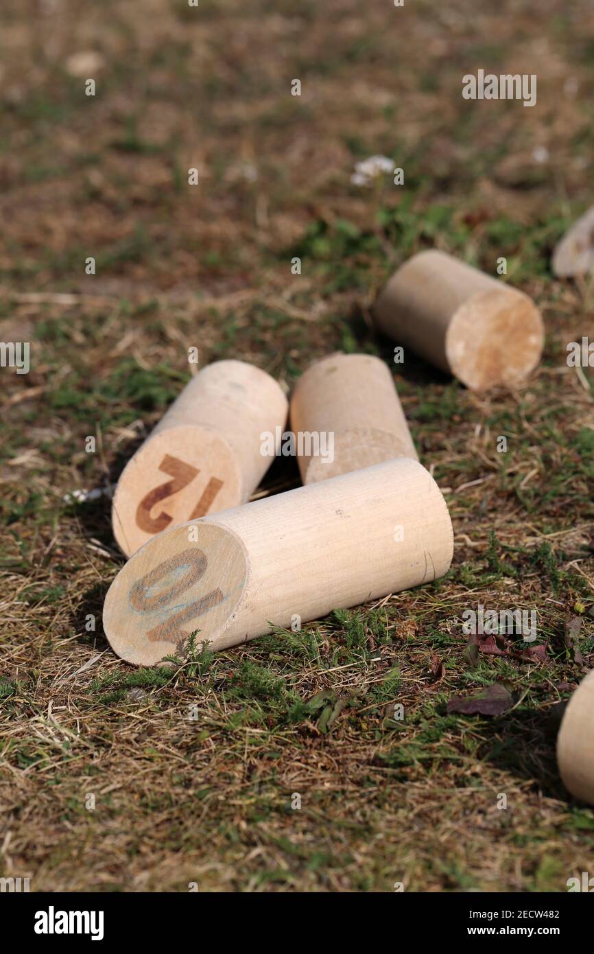 Mölkky - popular Finnish outdoor activity during summer time. This yard game is often played in summer cottage. Have a fun competition! Stock Photo