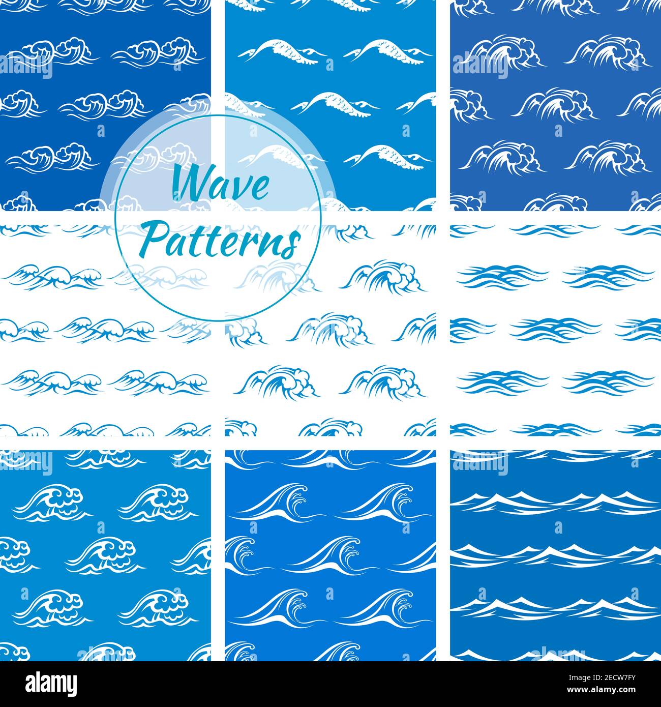 Waves pattern backgrounds. Wallpaper tiles with vector icons of blue and white ocean and sea waves. Tide, storm, wind, foamy wave elements Stock Vector