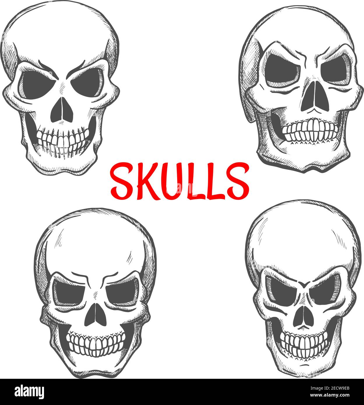 Skulls sketch icons. Skeleton craniums crossbones for halloween decoration, cartoon, label, tattoo, religious decoration elements Stock Vector