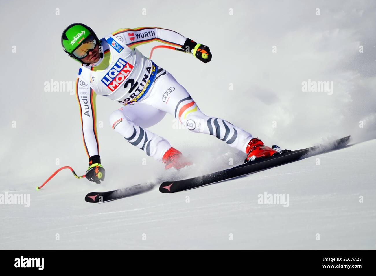 14 February 2021, Italy, Cortina d'Ampezzo: Alpine Skiing: World Championship, Downhill, Men: Andreas Sander from Germany Photo: Michael Kappeler/dpa Stock Photo