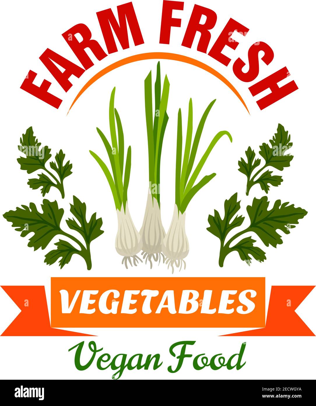 Onion, leek, welsh onion. Farm fresh vegetable product emblem. Premium healthy vegan food icon with orange ribbon and parsely leaves. Vector vegetable Stock Vector