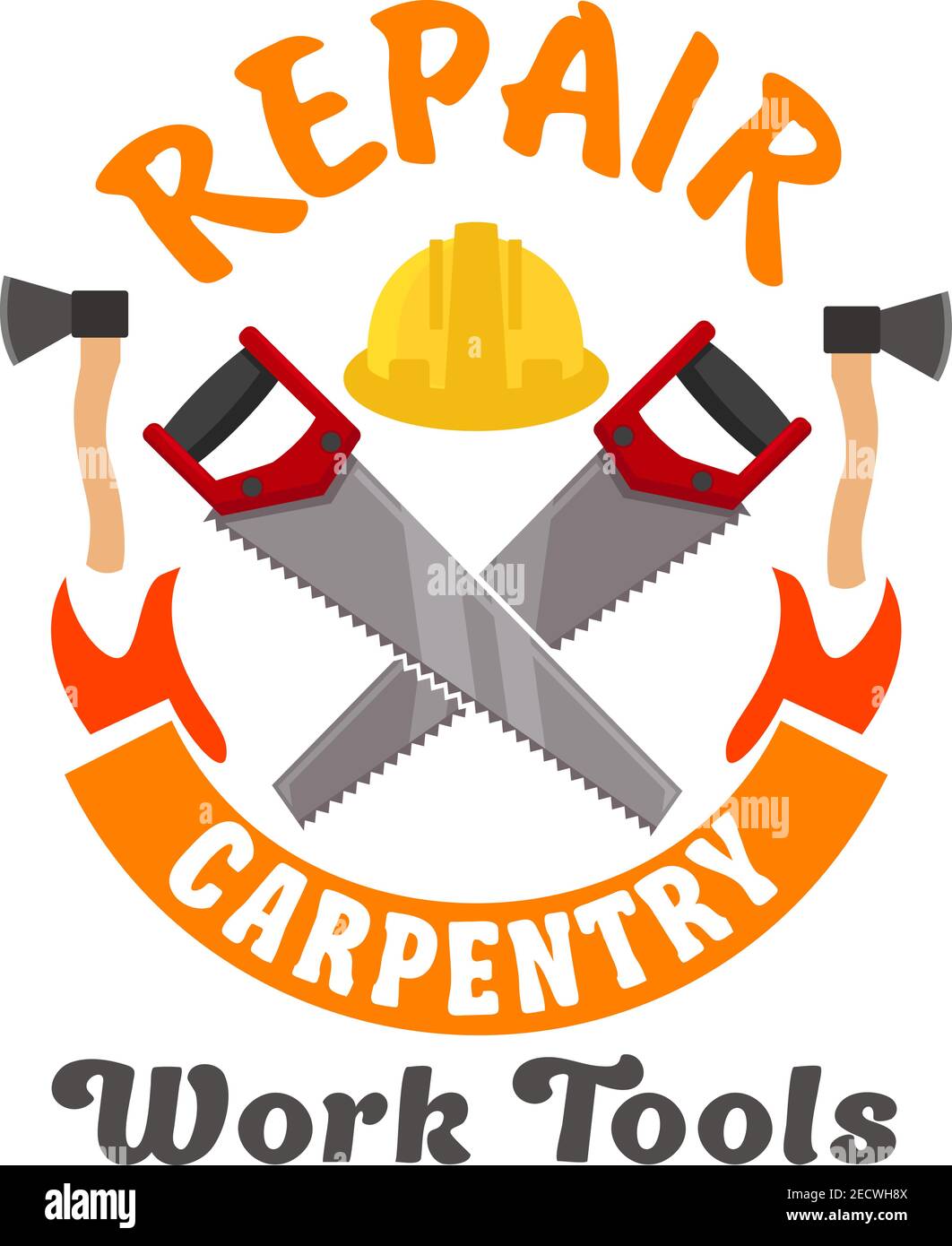 Repair and carpentry work tools emblem. Vector icon of handsaw, safety helmet. Template for home