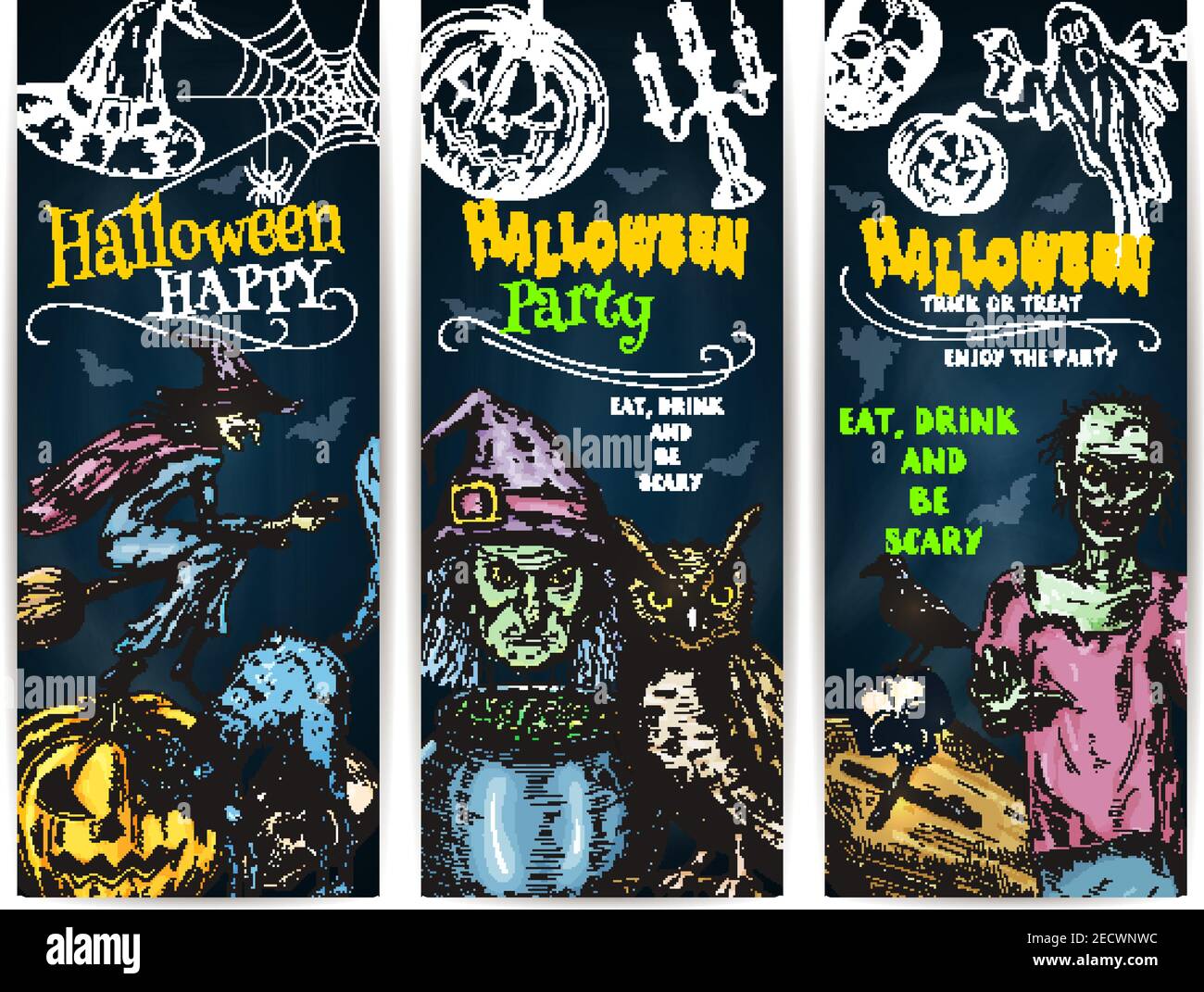 Halloween Party chalk pumpkin lantern, witch cauldron and broom, scary full moon, undead walking zombie, cemetery coffin. Vector color chalk sketch el Stock Vector