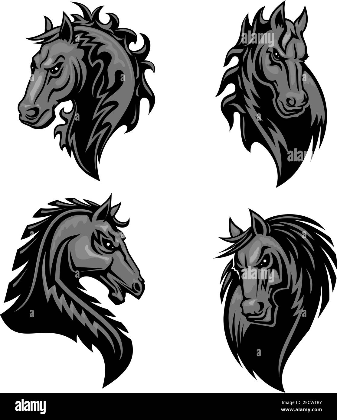 Furious powerful horse head emblem with thorny prickly mane. Stylized heraldic icons of raging stallion. Black mustang symbol for sport club, team bad Stock Vector
