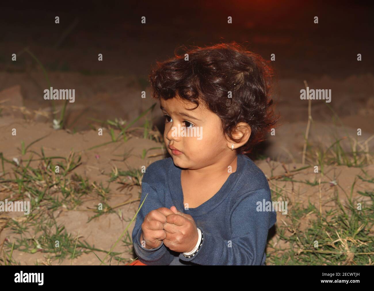 A closeup portrait photo of beautiful hindu little boy playing in garden at sunset , indian child , asian little male boy in nature Stock Photo