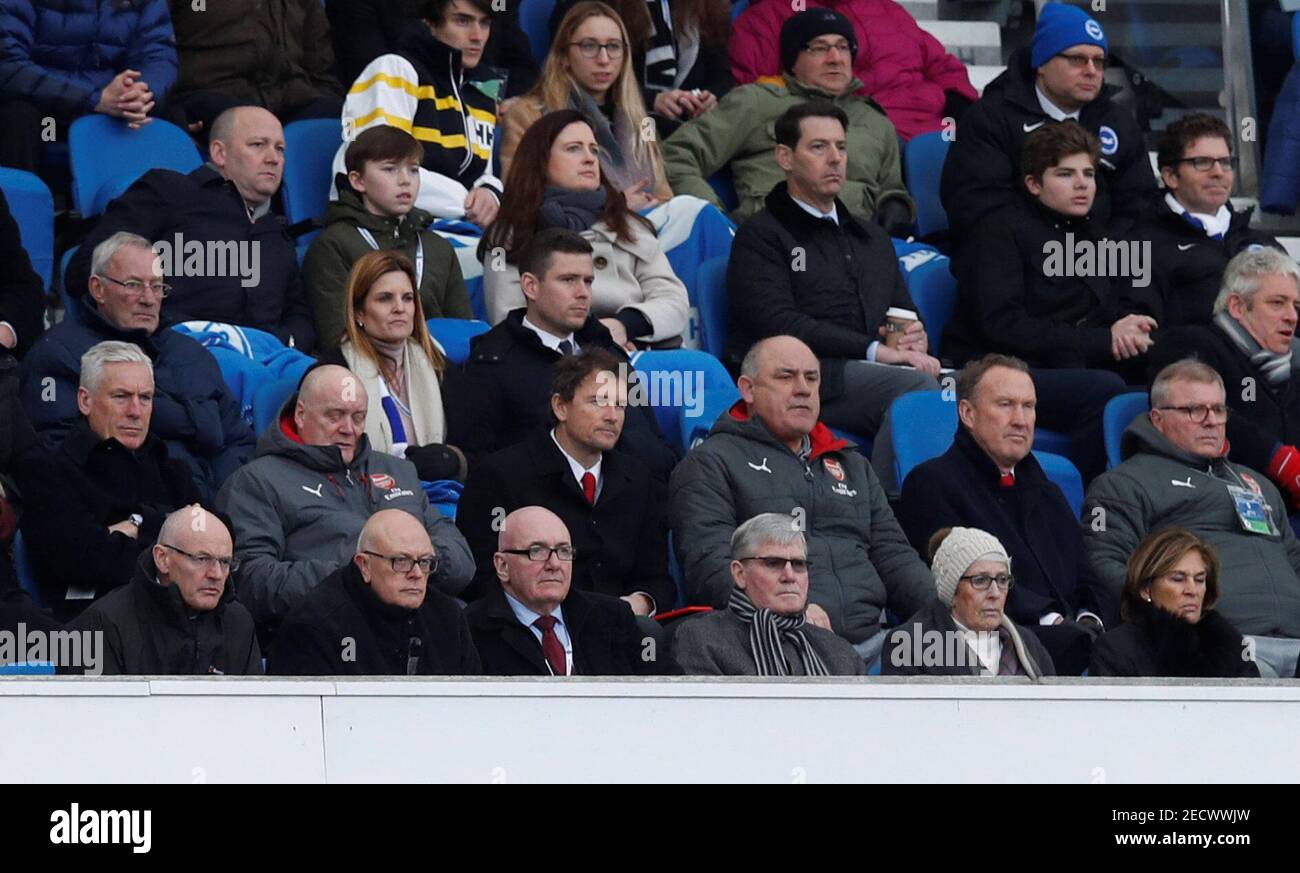 Soccer Football - Premier League - Brighton & Hove Albion vs Arsenal - The American Express Community Stadium, Brighton, Britain - March 4, 2018   Arsenal coach's Boro Primorac and Jens Lehmann in the stands with Pat Rice   REUTERS/Eddie Keogh    EDITORIAL USE ONLY. No use with unauthorized audio, video, data, fixture lists, club/league logos or 'live' services. Online in-match use limited to 75 images, no video emulation. No use in betting, games or single club/league/player publications.  Please contact your account representative for further details. Stock Photo