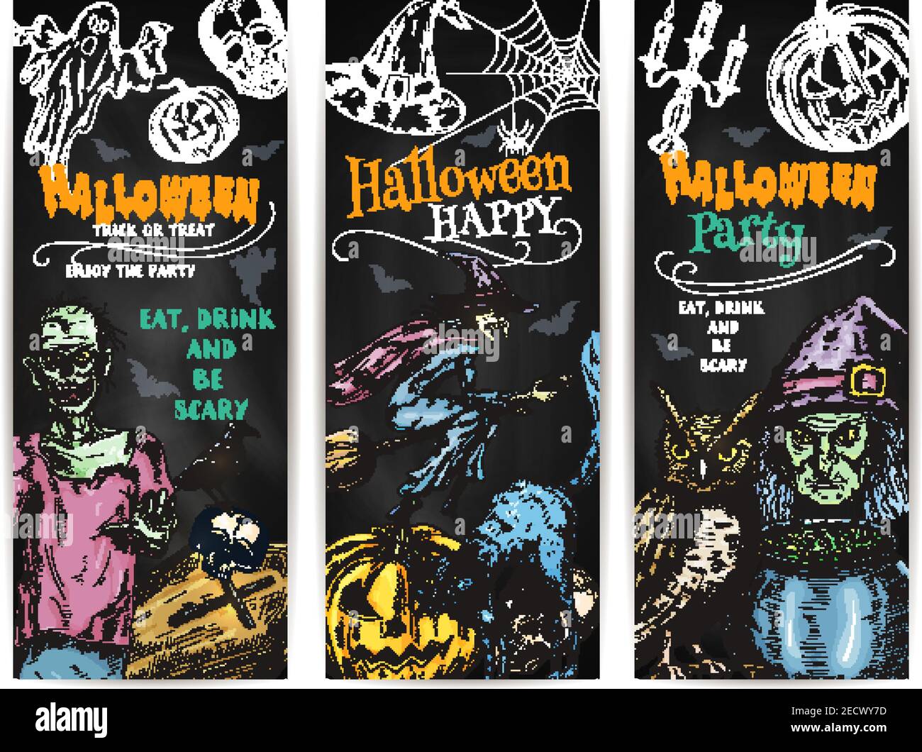 Halloween Party chalk pumpkin lantern, witch cauldron and broom, scary full moon, undead walking zombie, cemetery coffin. Vector color chalk sketch el Stock Vector
