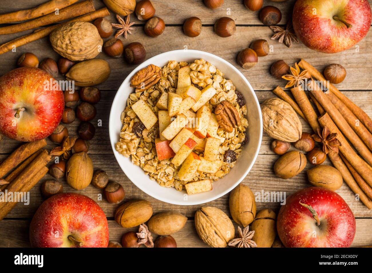 Healthy and tasty breakfast with muesli, apples, nuts and cinnamon