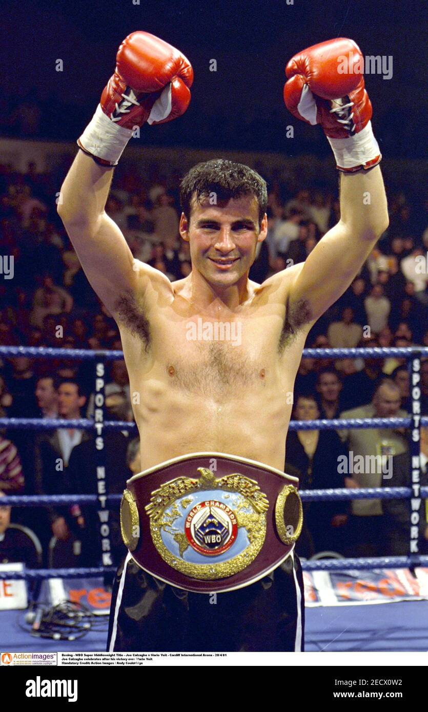 Boxing - WBO Super Middleweight Title - Joe Calzaghe v Mario Veit - Cardiff  International Arena - 28/4/01 Joe Calzaghe celebrates after his victory  over Mario Veit Mandatory Credit: Action Images / Andy Couldridge Stock  Photo - Alamy