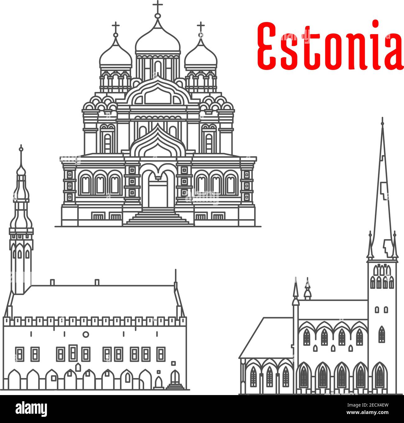 Estonia historic architecture landmarks, sightseeings, famous showplaces. Alexander Nevsky Cathedral, Tallinn Town Hall, St Olaf church. Vector thin l Stock Vector
