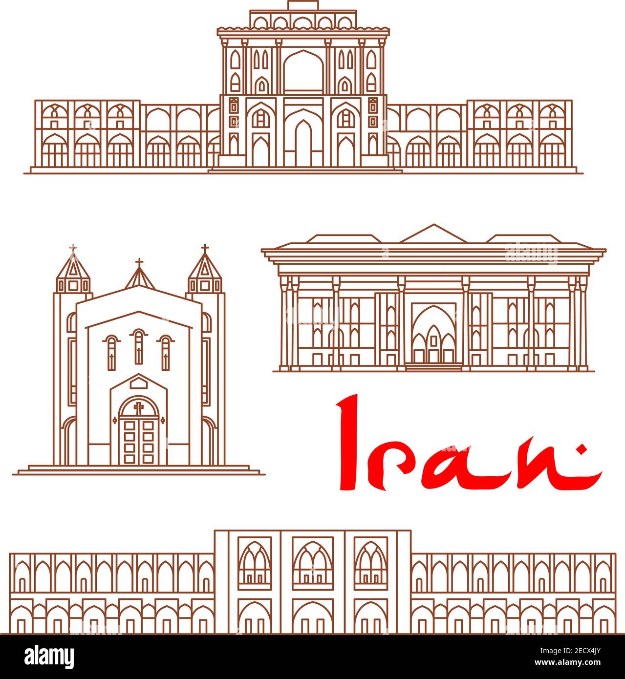 Iran vector thin line icons of Ali Qapu Palace, Saint Sarkis Cathedral, Chehel Sotoun, Si-o-seh pol bridge. Historic architecture buildings, landmarks Stock Vector