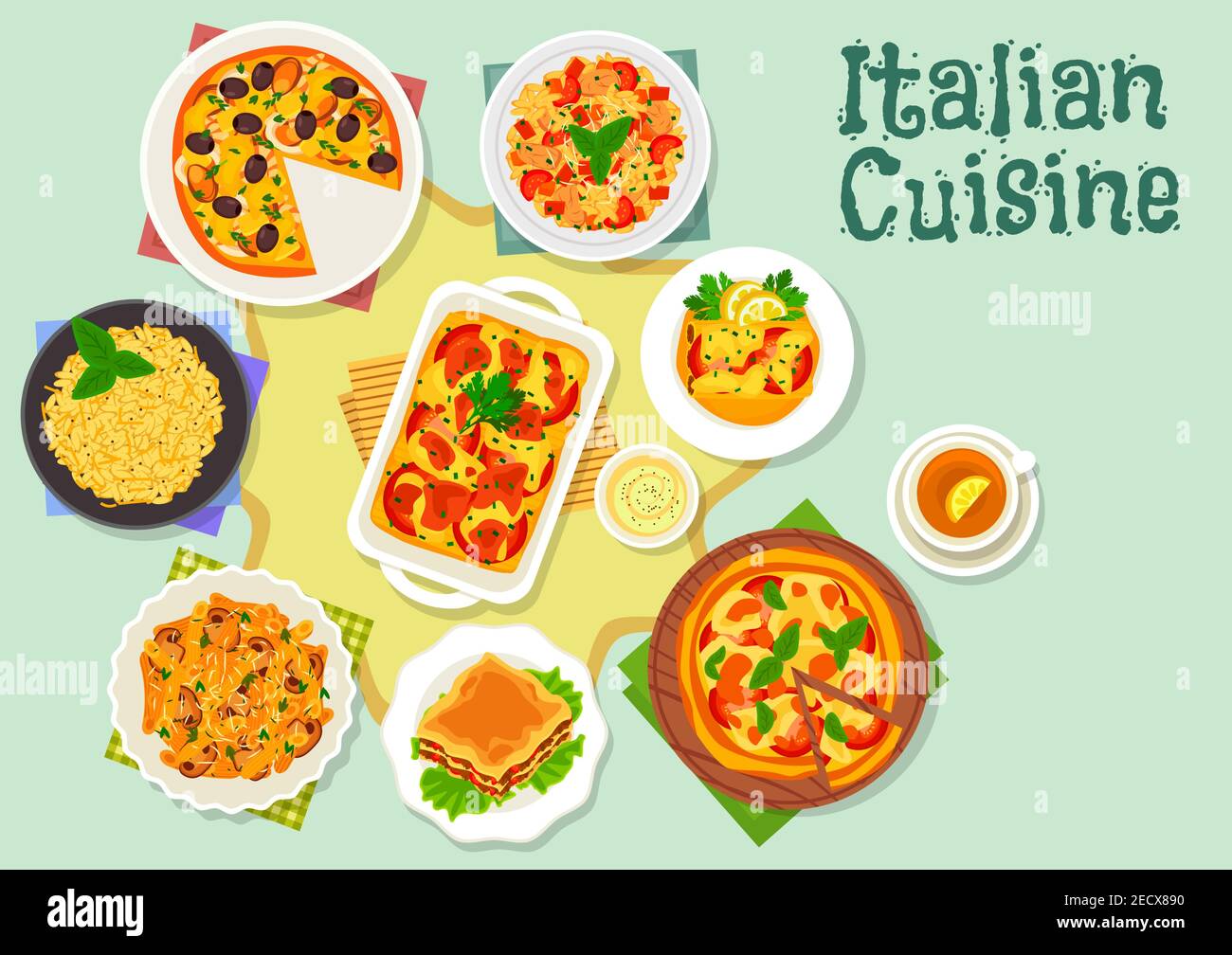 Italian cuisine marinara and margherita pizza icon with seafood, tomato and mozzarella toppings served with risotto, lasagna, mushroom pasta, chicken Stock Vector