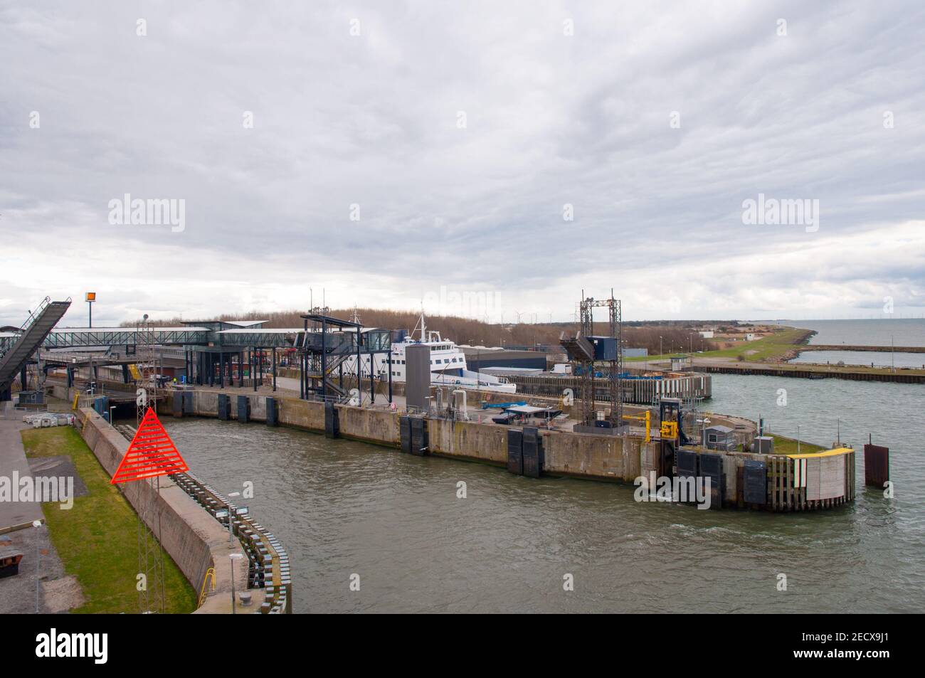 Ferry slip in Rodbyhavn port in Denmark Stock Photo