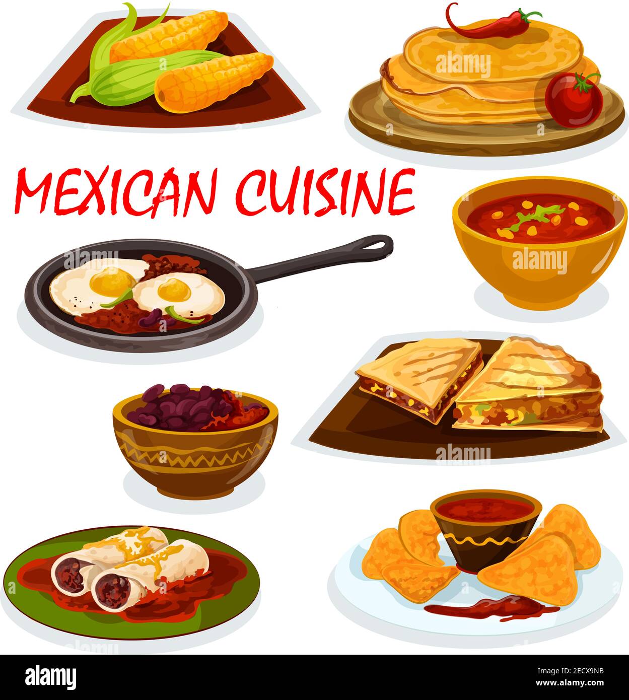 Mexican cuisine burrito, tortillas and nacho icon served with tomato sauce salsa, tortilla beef sandwiches with vegetables, boiled corn cob, chili sou Stock Vector