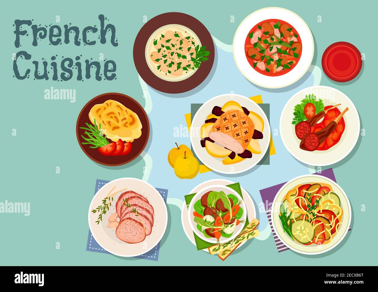 French cuisine icon with vegetable stew ratatouille, lamb ribs, potato cheese casserole, lamb stew with bacon, chateaubriand steak, beef stew, baked p Stock Vector