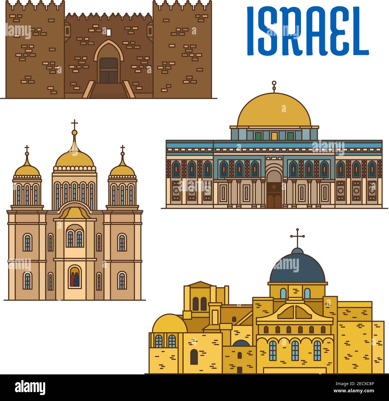 Israel vector detailed architecture icons of Damascus Gate, Al-Aqsa Mosque, Monastery Ein Karem, Church of the Holy Sepulchre. Israeli showplaces symb Stock Vector