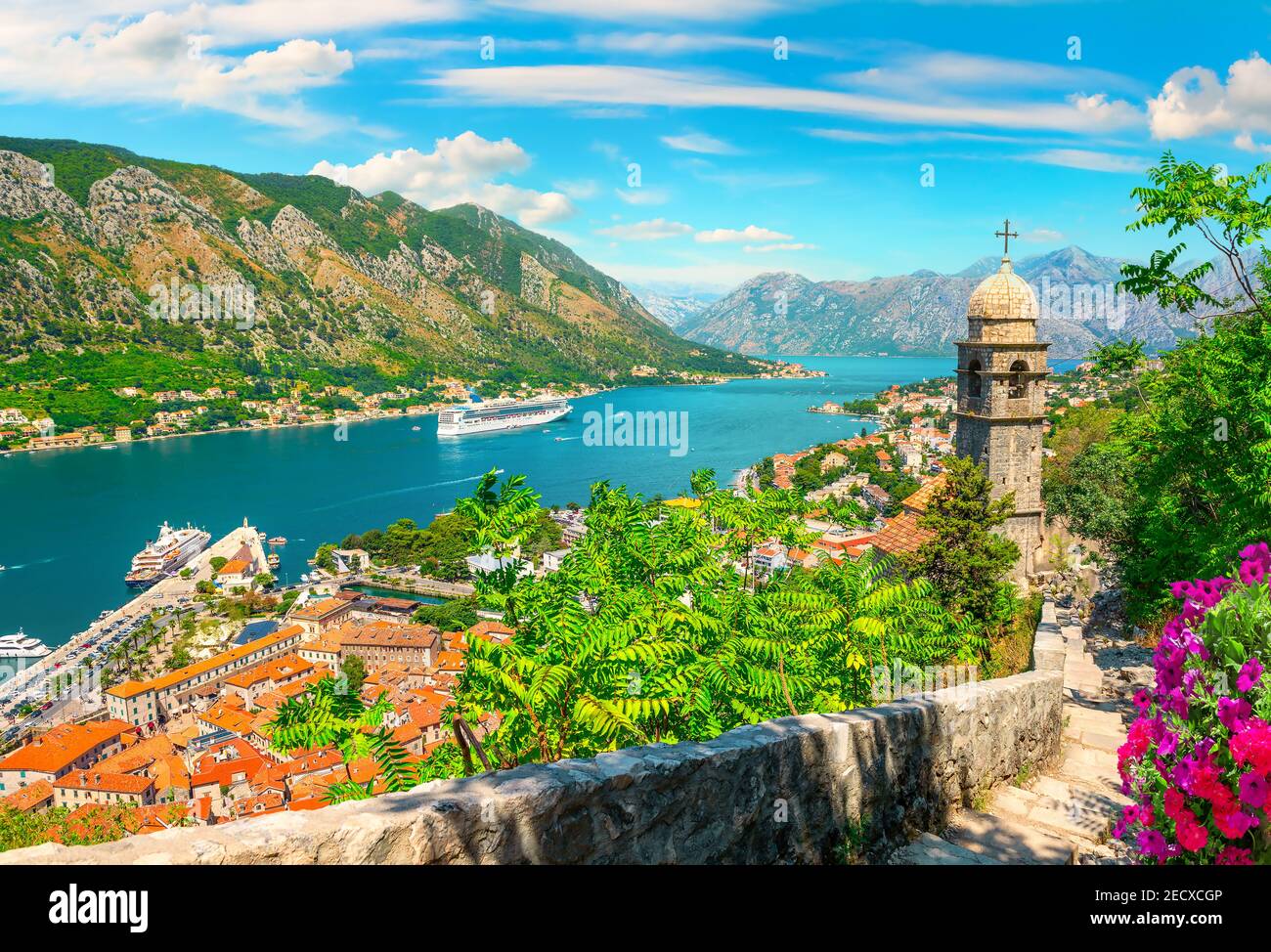 Church of Our Lady of Remedy in Kotor and flowers Stock Photo