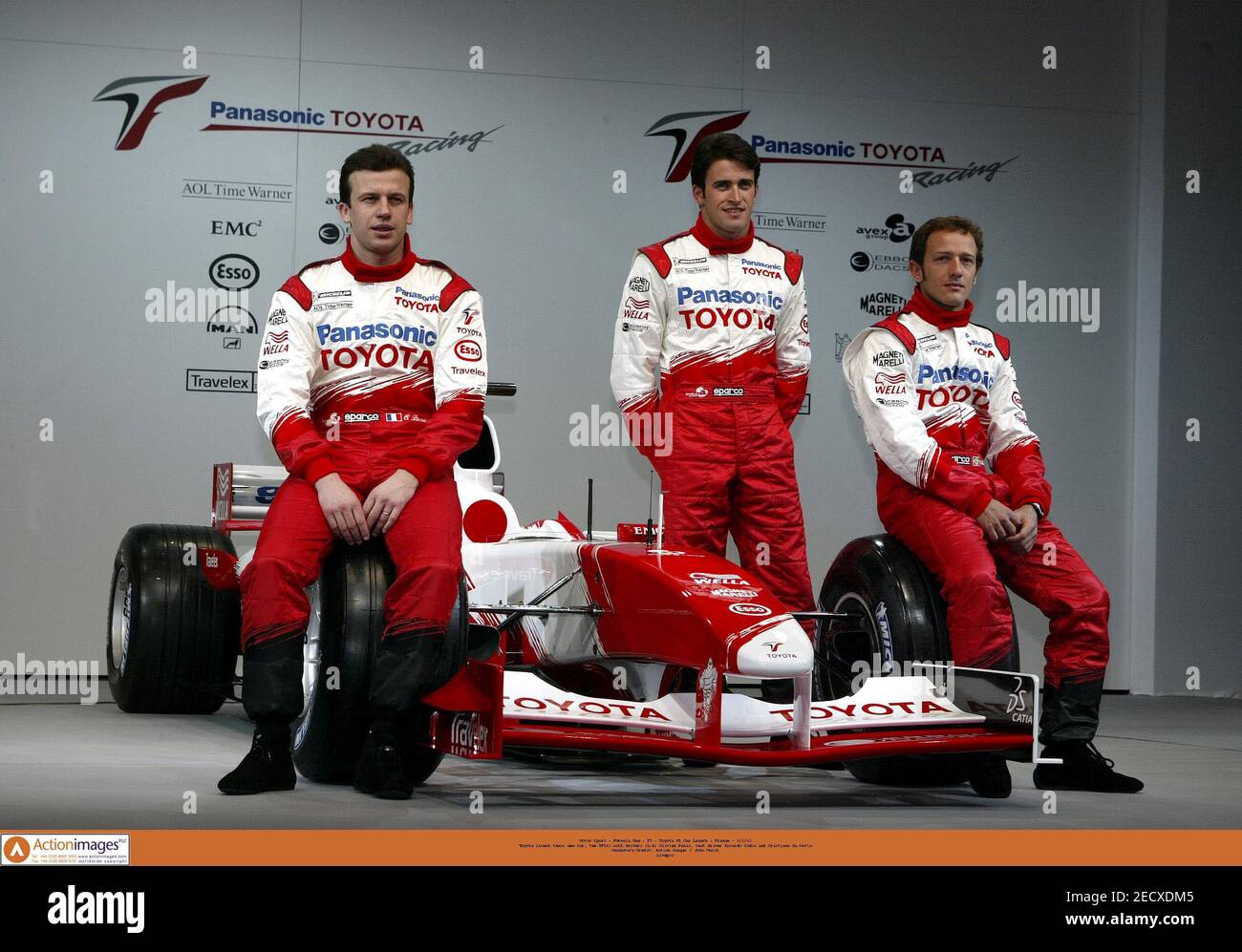 Motor Sport - Formula One - F1 - Toyota F1 Car Launch - France - 8/1/03  Toyota launch their new car, the TF103 with drivers (L-R) Olivier Panis,  test driver Ricardo Zonta