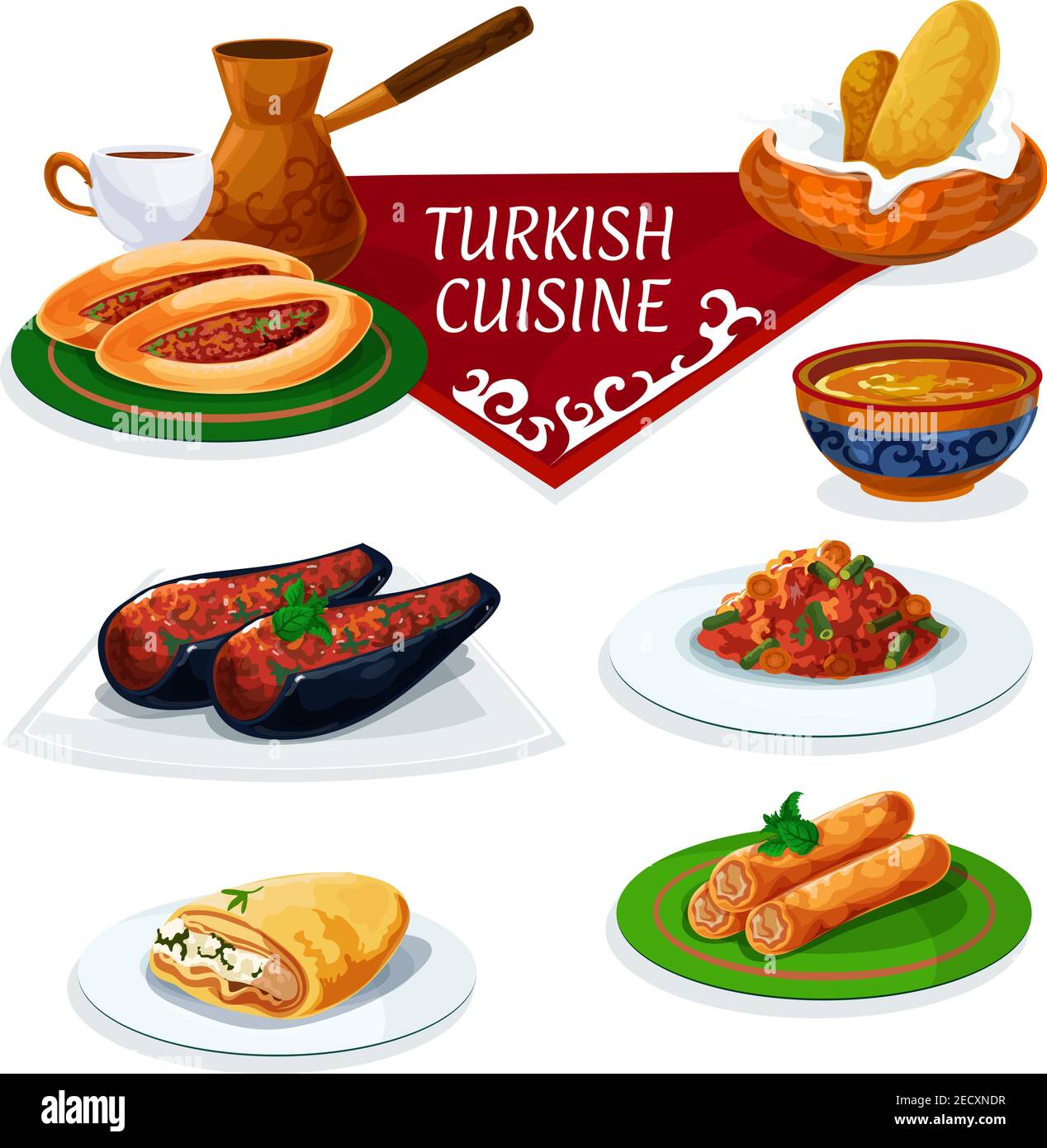 Turkish cuisine traditional dishes icon with vegetable and meat pie, bread, turkish coffee cup and pot, stuffed eggplant, bean stew, feta rolls, phyll Stock Vector