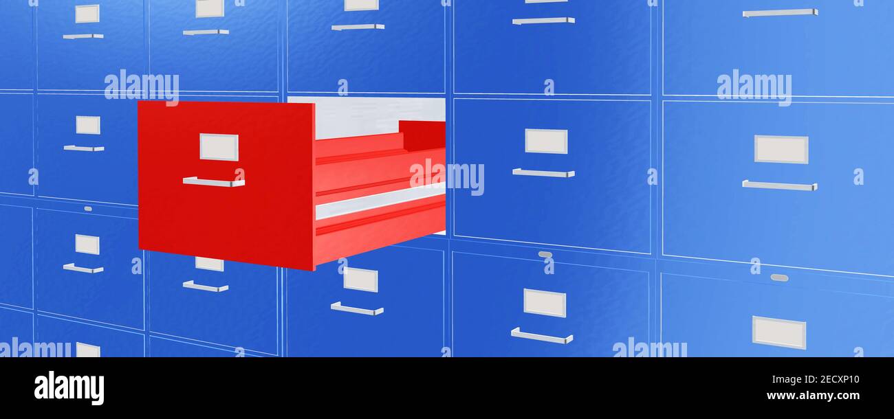 Blauer Aktenschrank mit geöffneter roter Schublade Banner Hintergrund Stock Photo