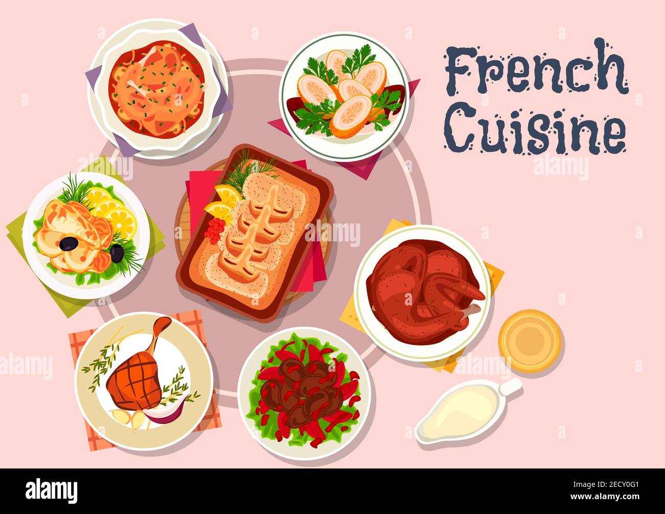 French cuisine meat and fish dishes icon with cod with bechamel sauce, chicken with wine sauce, baked duck legs, rabbit roast, chicken rolls with shri Stock Vector