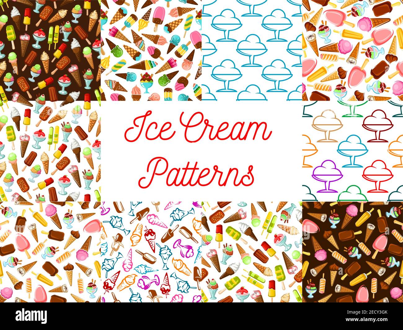Ice cream seamless patterns. Vector pattern of dessert ice cream scoop in waffle cone, eskimo