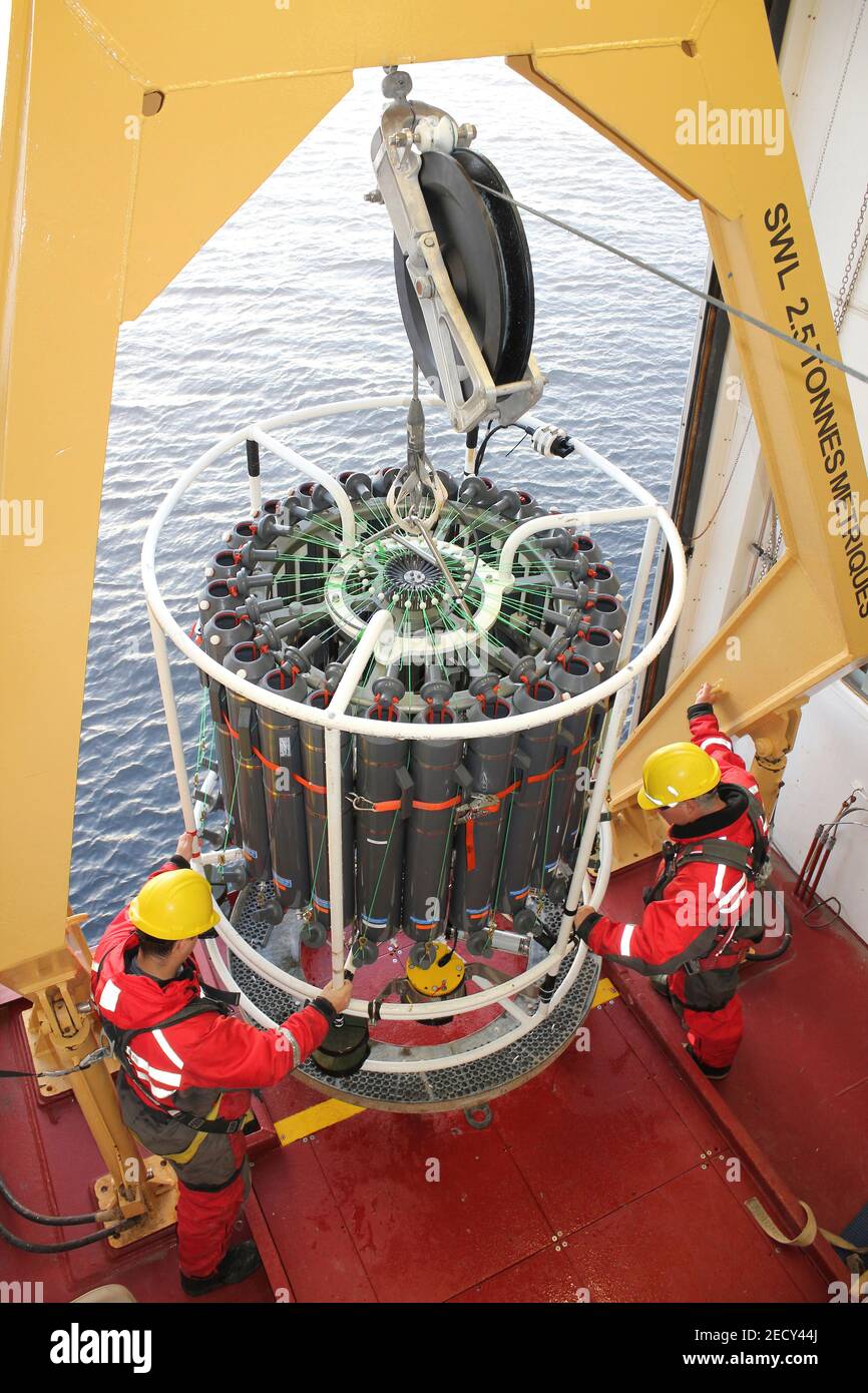 Deploying A CTD Rosette from the CCGS Amundsen during a scientific expedition by ArcticNet and ATLAS scientists Stock Photo