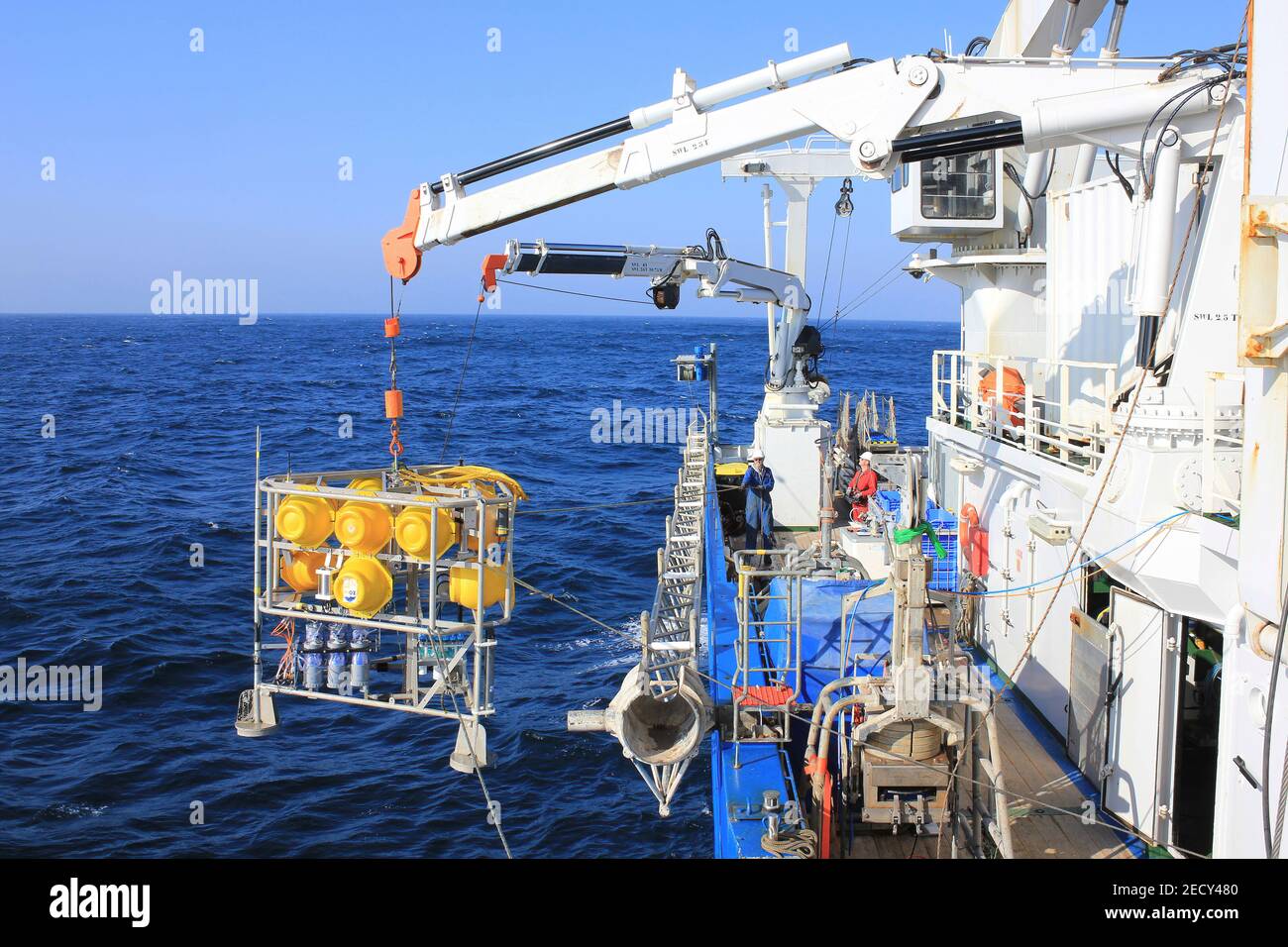 Deploying an ALBEX lander that can descend to the seafloor with equipment to measure current direction and speed, dissolved oxygen etc. Stock Photo