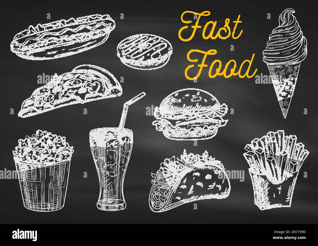 Fast food chalk sketch icons on blackboard. Snacks, desserts, drinks