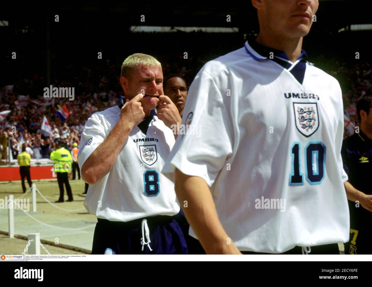 Football - 1996 European Championships - Euro 96 Quarter Final - England v Spain - Wembley Stadium - 22/6/96 England's Paul Gascoigne pulls faces and clowns around as he takes to the field Mandatory Credit: Action Images FILM Stock Photo