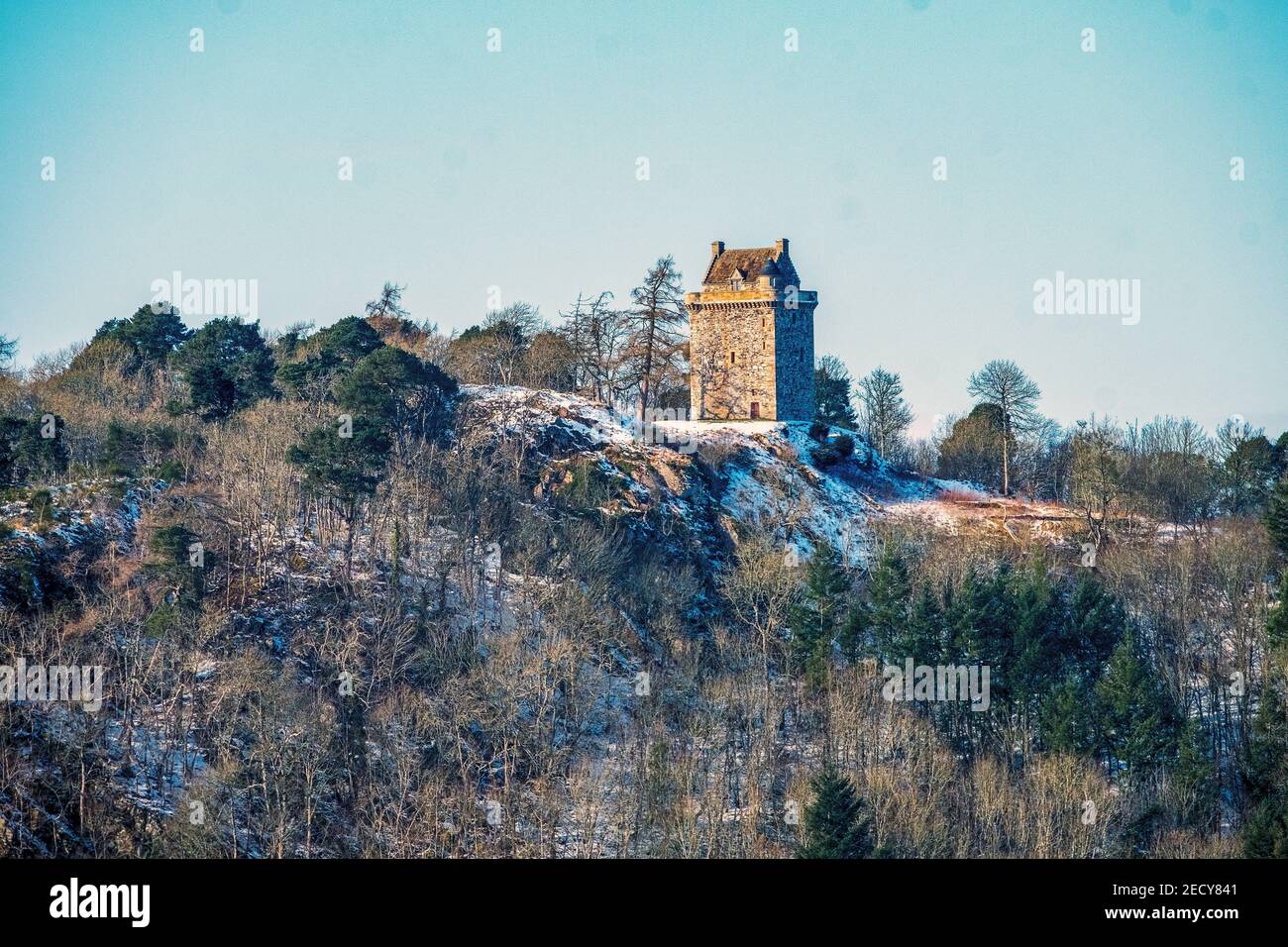 View of Fatlips Castle a Border Peel Tower situated at the top of Minto Crags near Ancrum, Scottish Borders, United Kingdom. Stock Photo