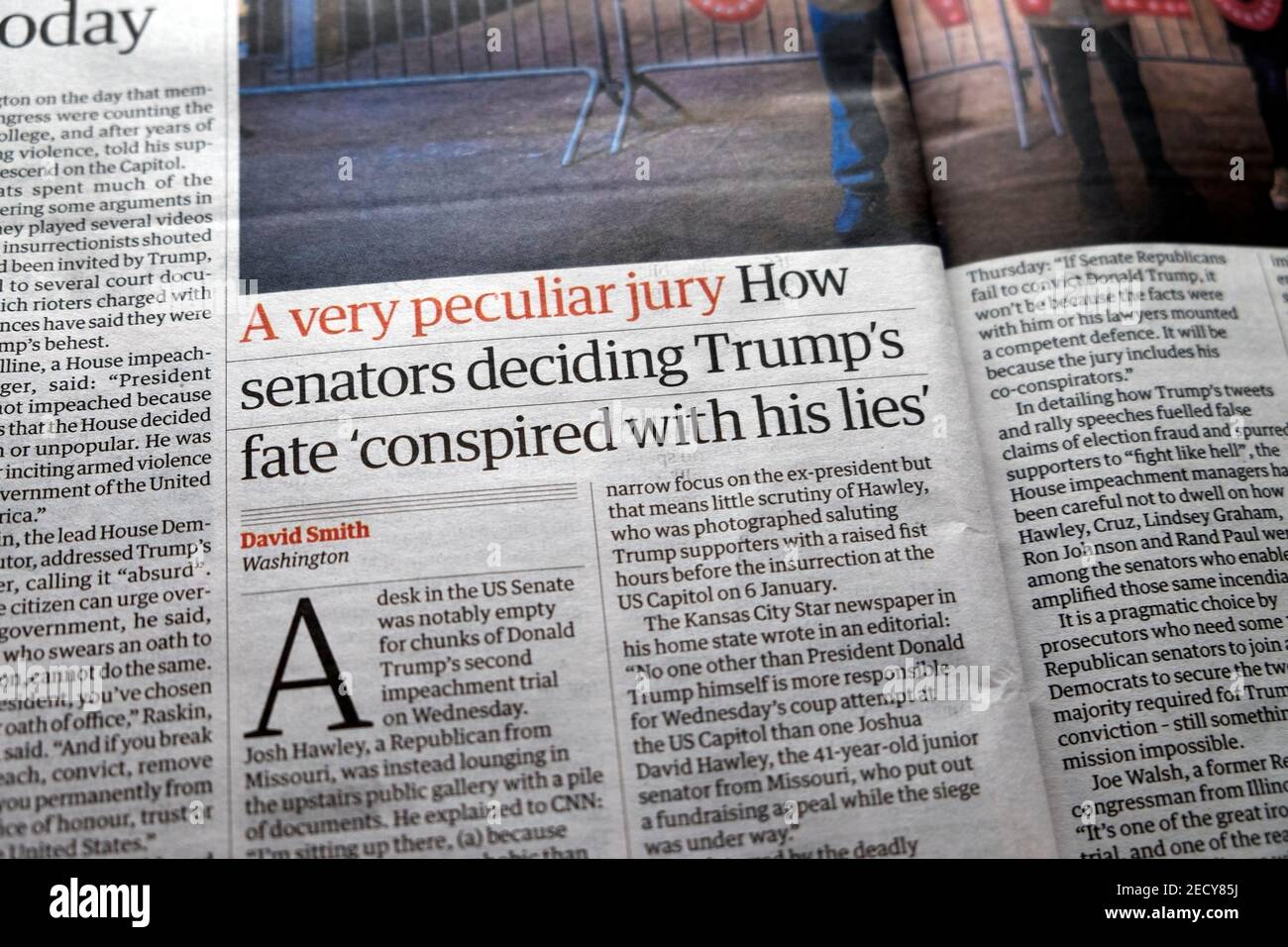 Jury 'How senators deciding Trump's fate 'conspired with his lies' second impeachment trial article Guardian newspaper headline 2021 Washington USA Stock Photo
